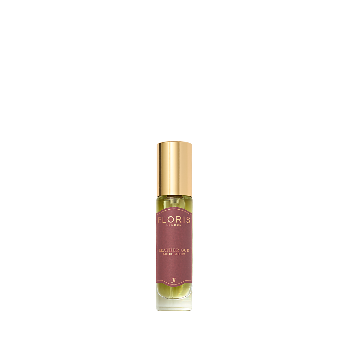 A small Floris London Leather Oud - Eau de Parfum bottle with a gold cap and burgundy label, shown on a plain white background.