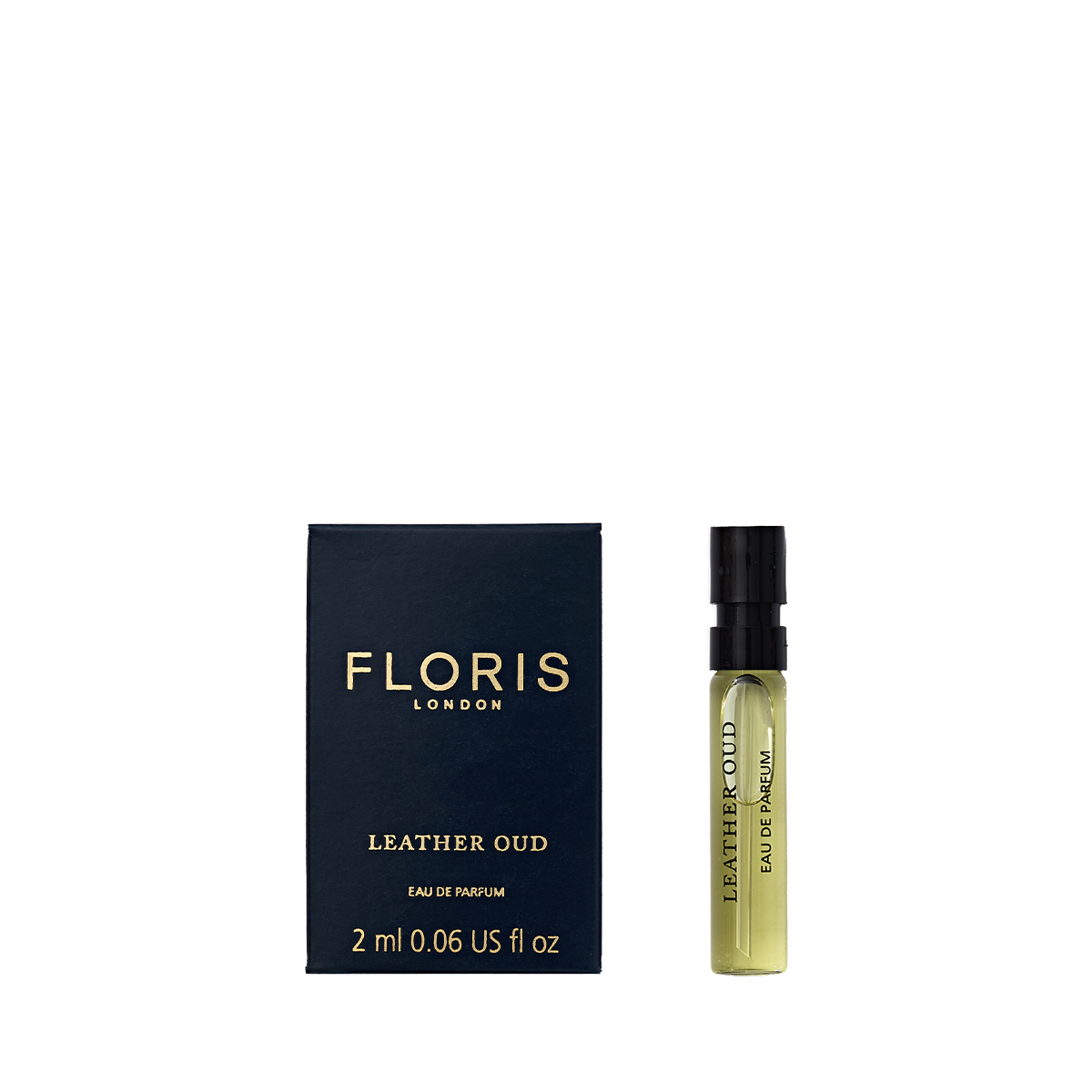 A 2ml Leather Oud - Eau de Parfum sample vial by Floris London sits beside its dark blue box, both with gold text, exuding oud oil elegance.