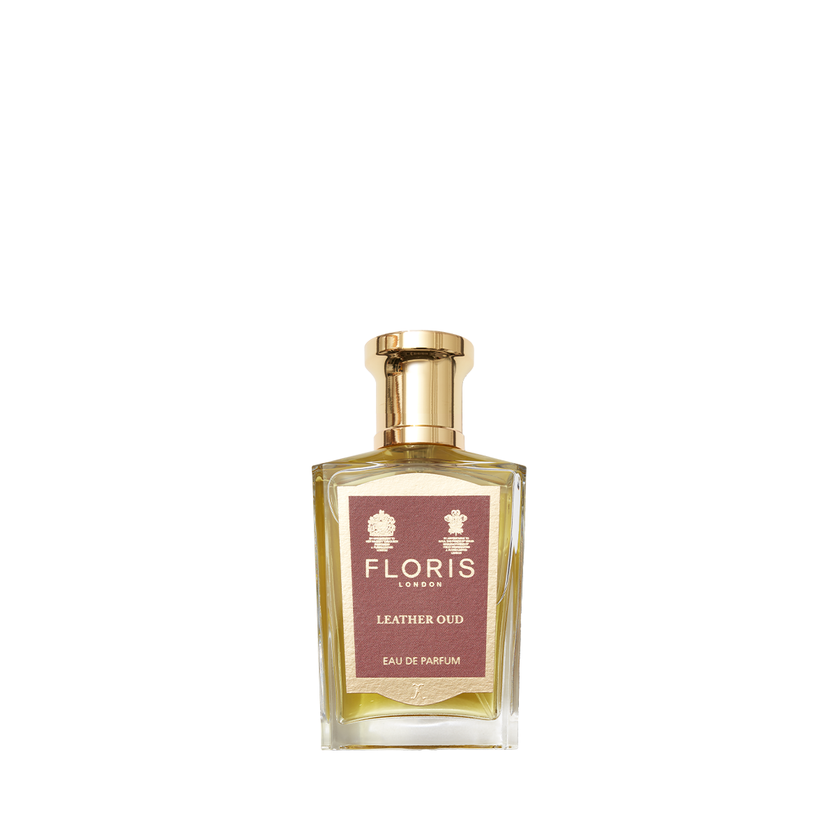 A clear glass bottle of Floris London Leather Oud - Eau de Parfum, with a gold cap and brown label, shown against a plain white background.