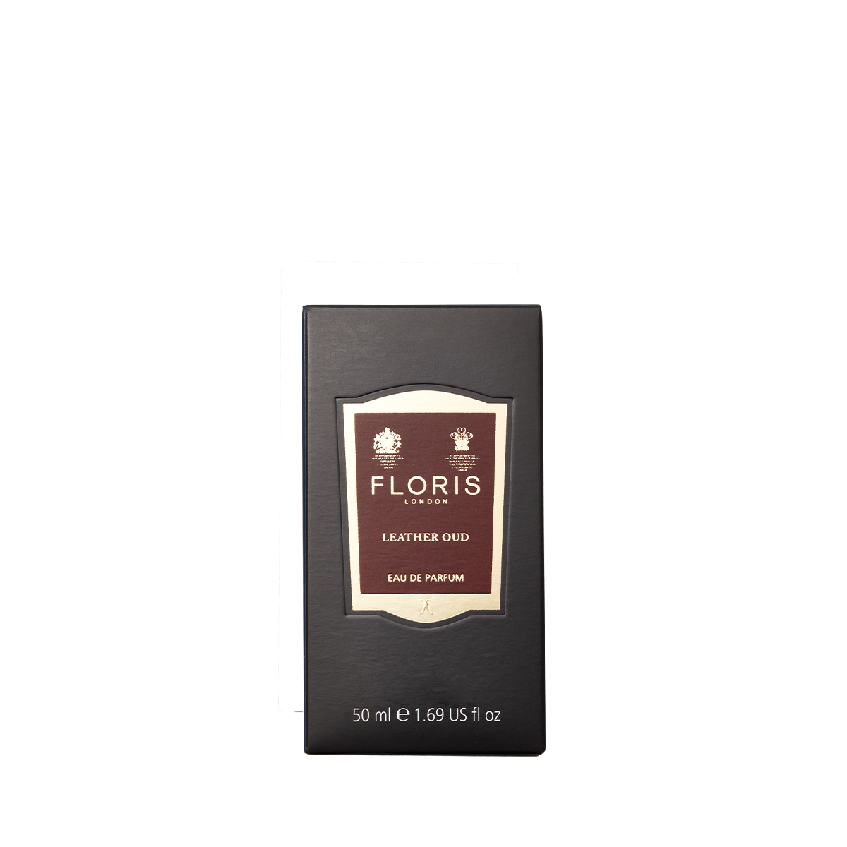 A black rectangular box of Floris London Leather Oud - Eau de Parfum (50ml) features a beige and brown label—ideal for luxury fragrance lovers.
