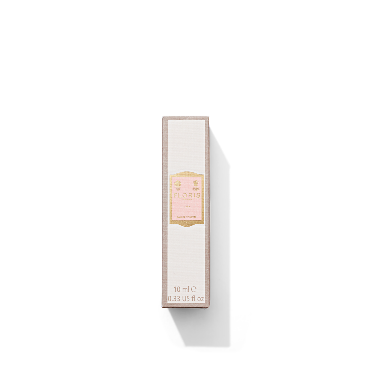 Small grey box with light pink and gold label containing Lily Eau de Toilette 