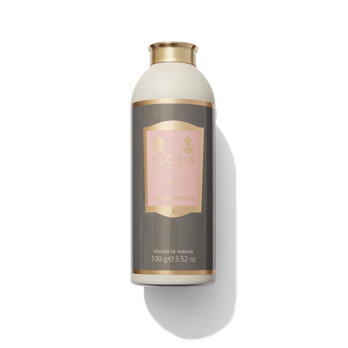 Lily Fragrance Powder in grey round plastic bottle with light pink and gold label 