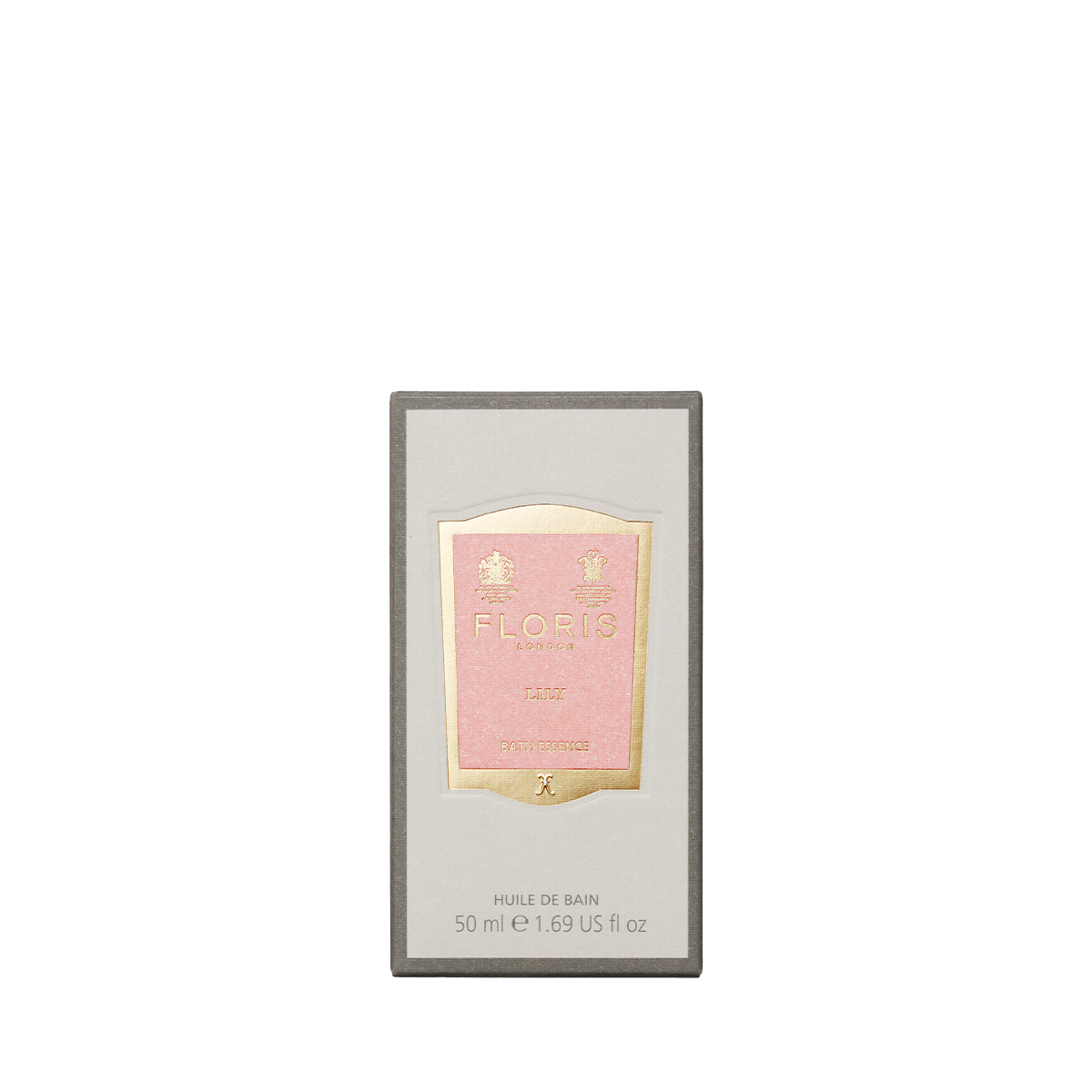 A rectangular box of Floris London EU Lily Bath Essence, 50ml, with a pink and gold label and floral green scent, shown on a plain white background.