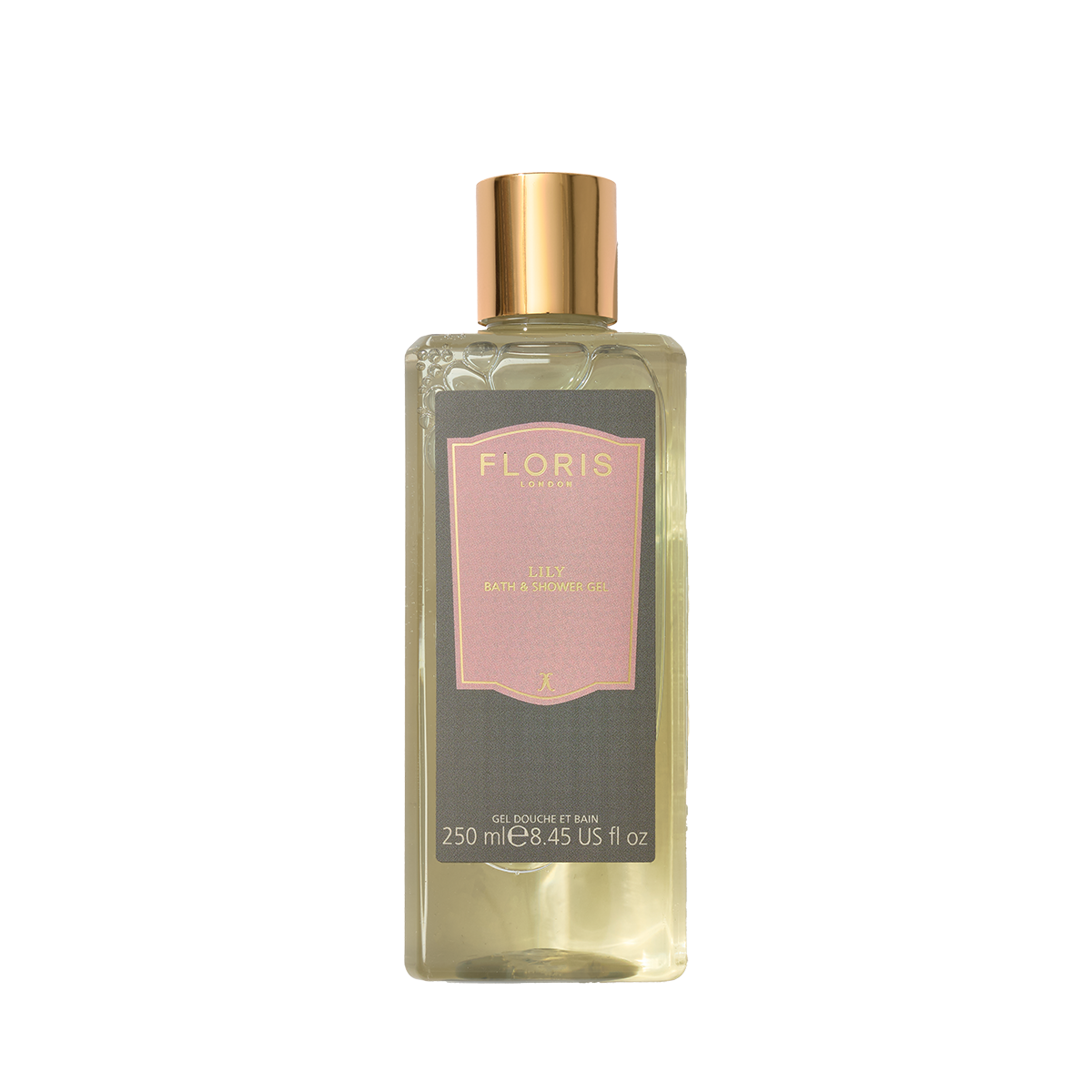 A transparent 250ml Floris London EU Lily Bath & Shower Gel with a floral scent, gold cap, pink label, and olive oil infusion.