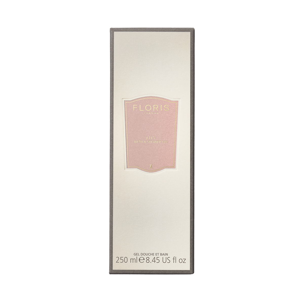 Floris London EU Lily Bath & Shower Gel 250ml in a rectangular box with a pale pink label, gray border, shown on a white background.