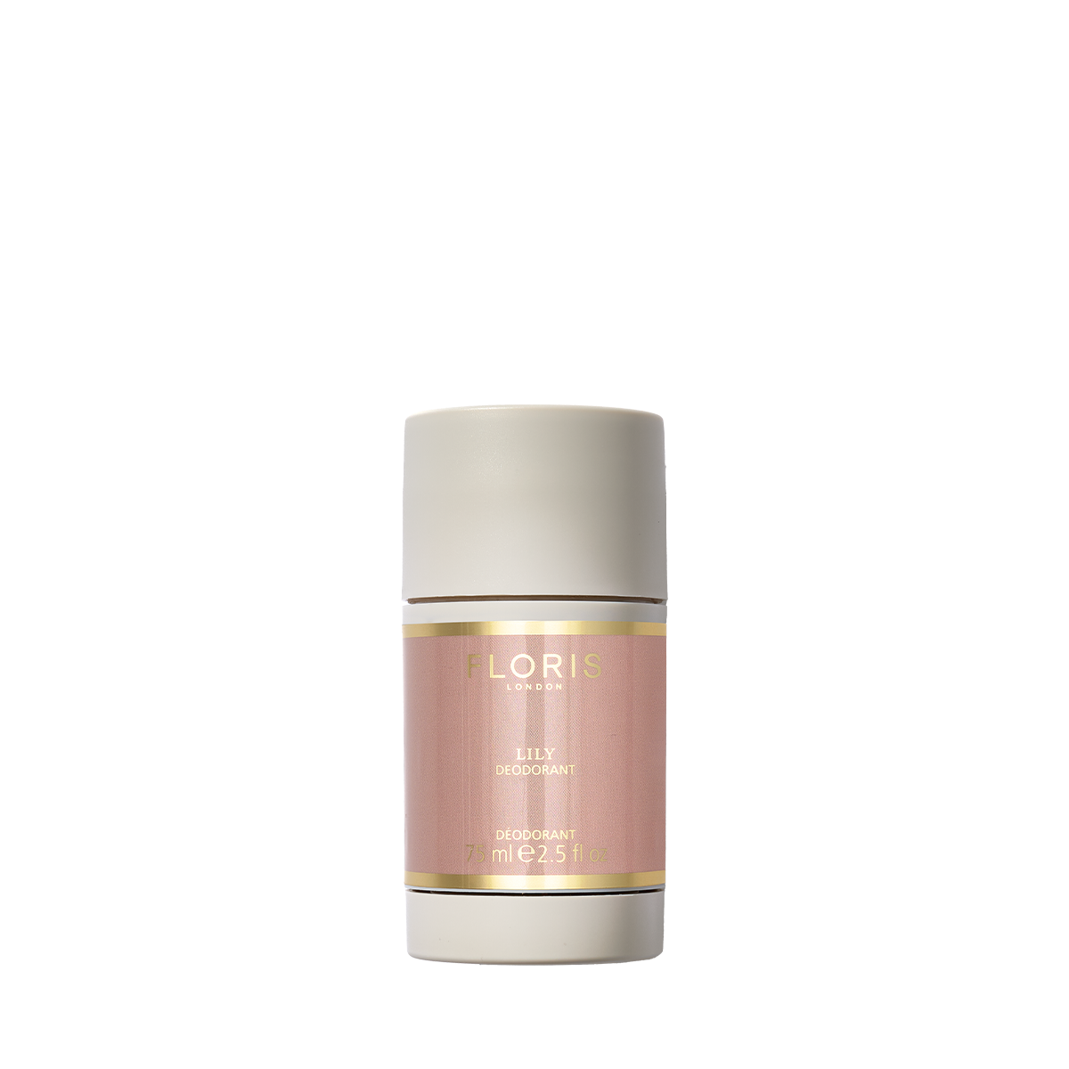 The Floris London EU Lily Deodorant Stick is an aluminium-free, cylindrical deodorant ideal for sensitive skin, with a pale pink and gold label.
