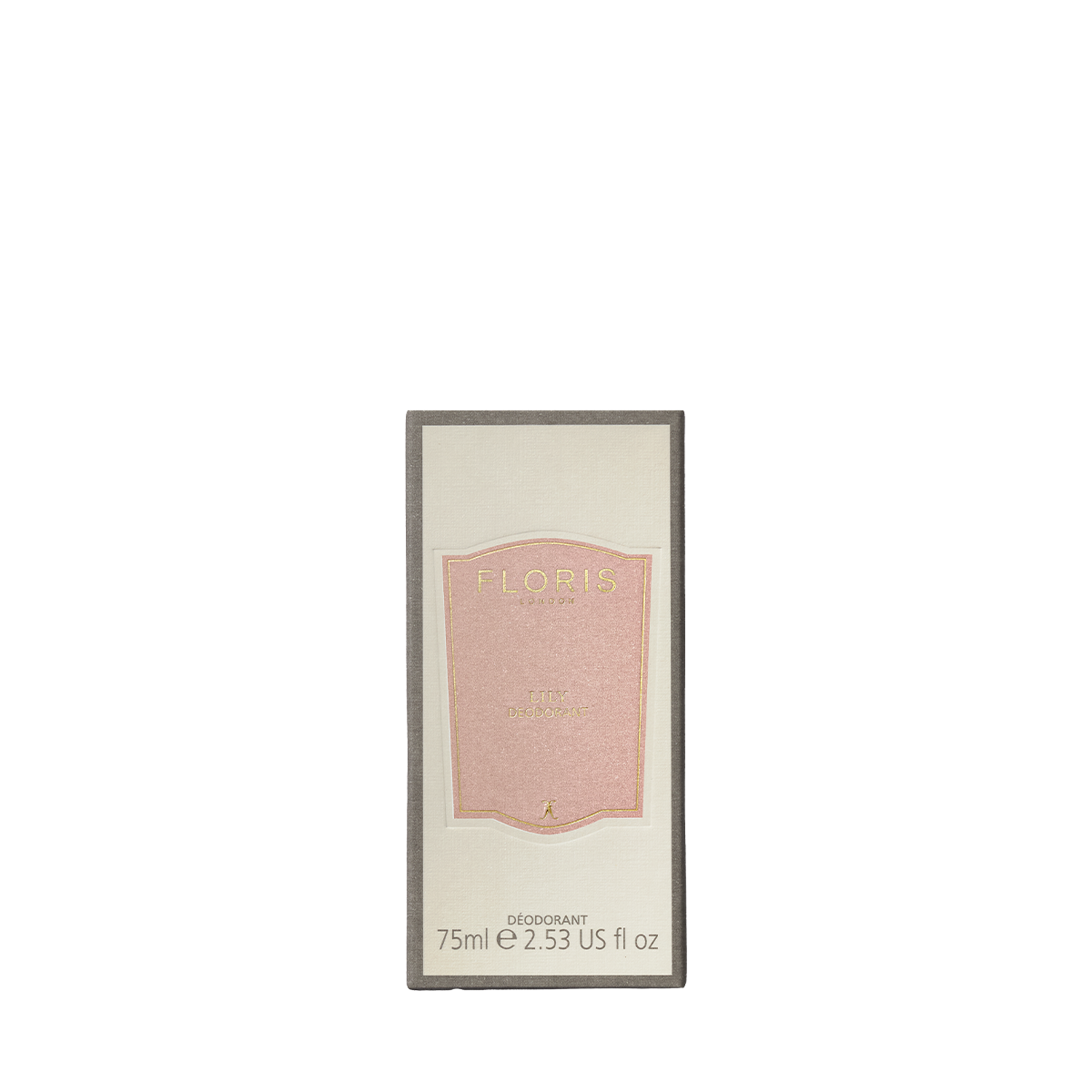 A rectangular box of Floris London EU Lily Deodorant Stick, 75ml, with a pale pink and gold label—aluminium-free and gentle for sensitive skin.