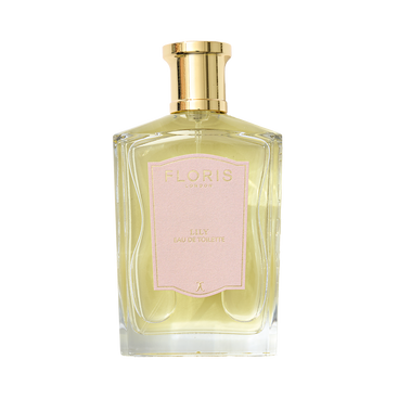 A clear glass bottle of Floris London EU Lily - Eau de Toilette, a floral scent with lily of the valley, displayed against a white background.