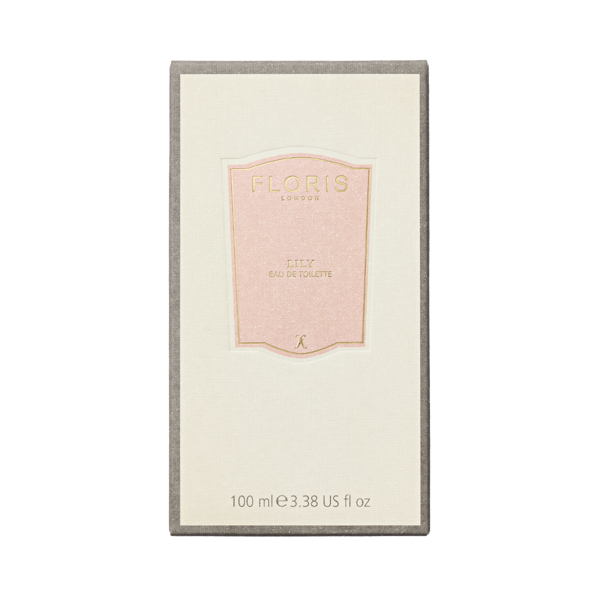 A rectangular box of Floris London EU Lily - Eau de Toilette, 100 ml, with a minimalist beige and pink label and a fresh lily of the valley scent.