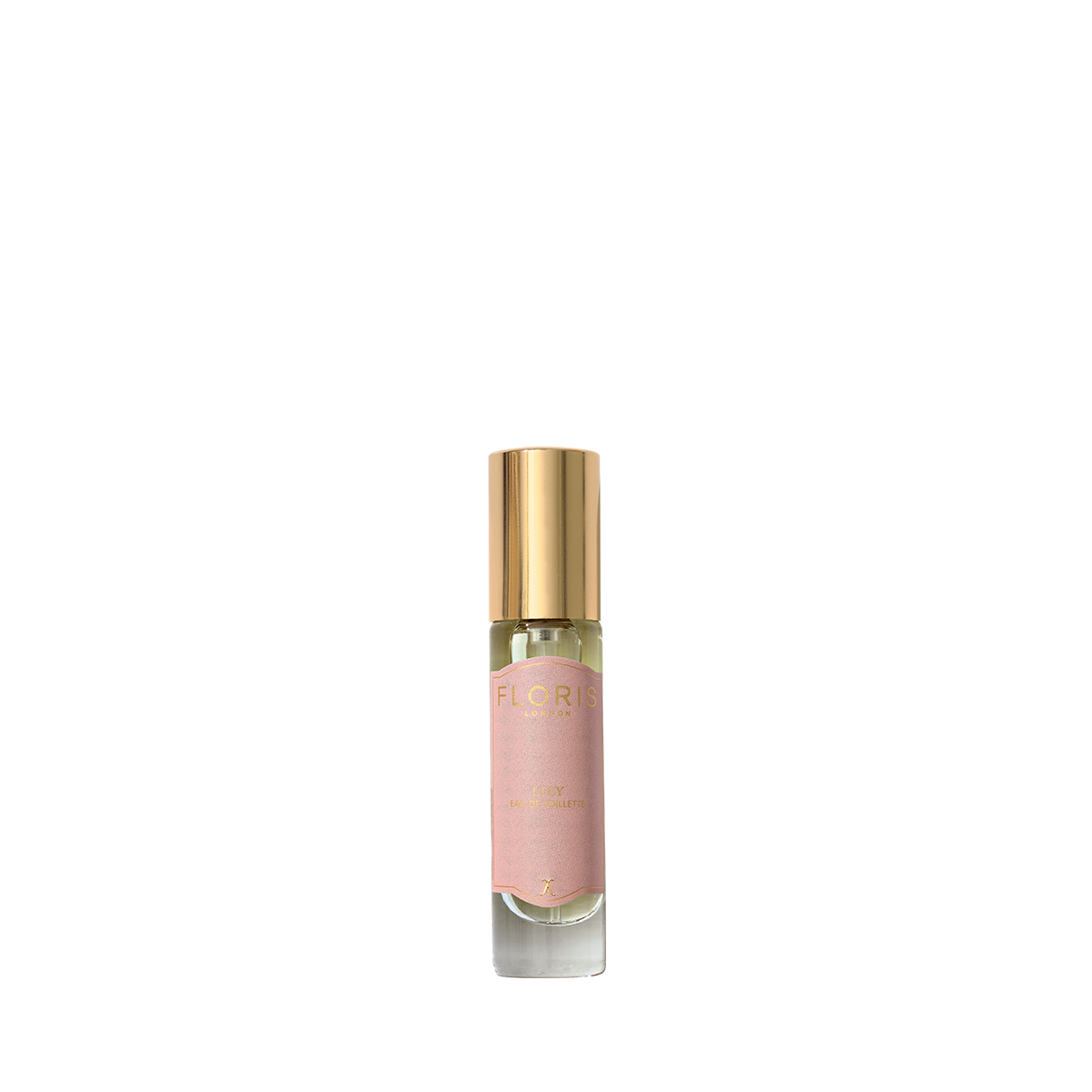 A small Floris London EU Lily - Eau de Toilette bottle with pink label and gold cap, featuring a lily of the valley scent, stands against white background.