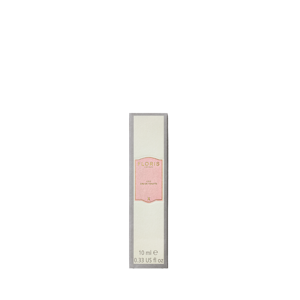 A rectangular box of Floris London EU Lily - Eau de Toilette, 10ml, cream and pink label—delicate lily of the valley notes on light grey.