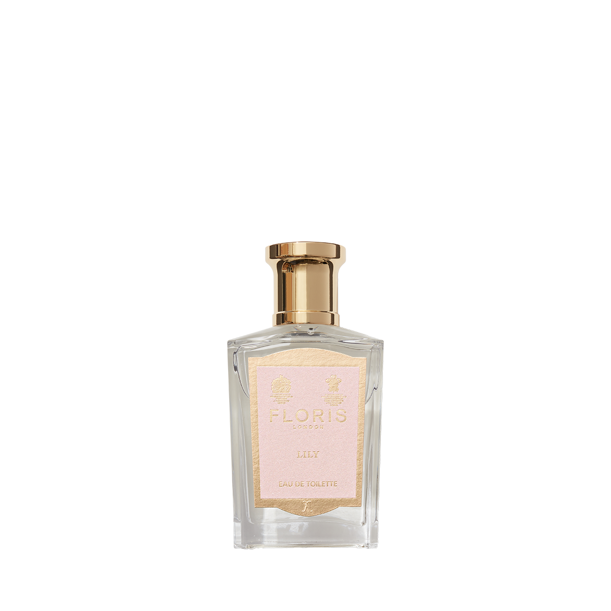 A clear glass bottle of Floris London EU Lily - Eau de Toilette with a gold cap and pale pink label, featuring lily of the valley floral notes.