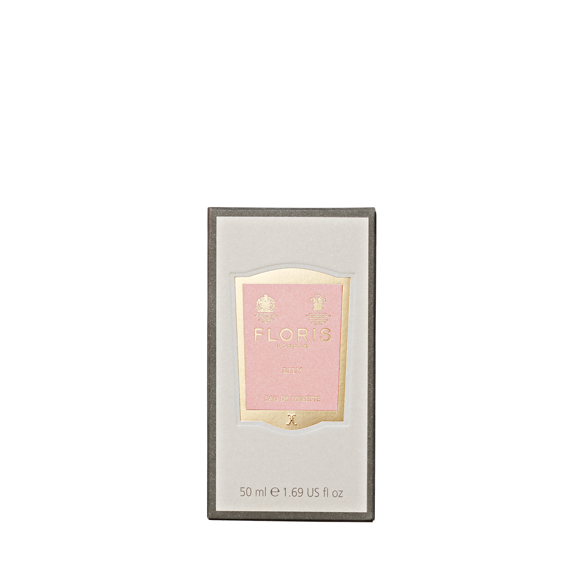 A 50 ml box of Lily Eau de Toilette by Floris London EU, a floral scent with white tea hints, in pink and gold on a simple light grey background.