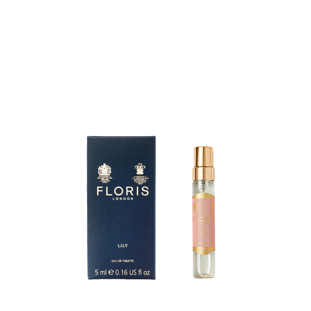 A small blue box labeled "Floris London Lily - Eau de Toilette 5ml" stands next to a spray bottle—an elegant floral scent with Lily of the Valley.