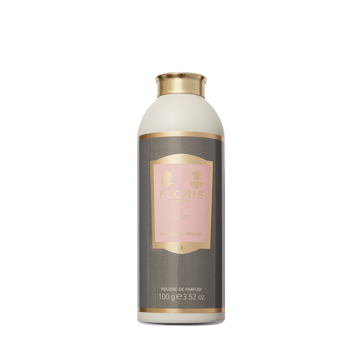 A 100g (3.52 oz) cylindrical Floris London EU Lily – Fragrance Powder with aloe vera, gold cap, and a pink and gold label is displayed.