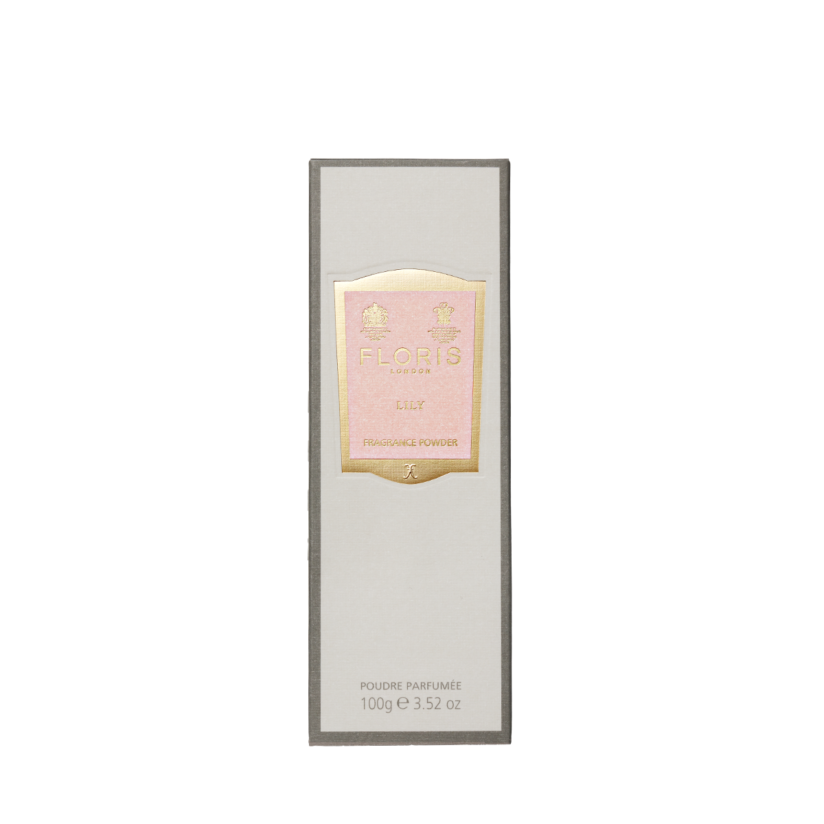 A 100g Floris London EU Lily - Fragrance Powder box with aloe vera has a gold and pink label set on a plain white background.