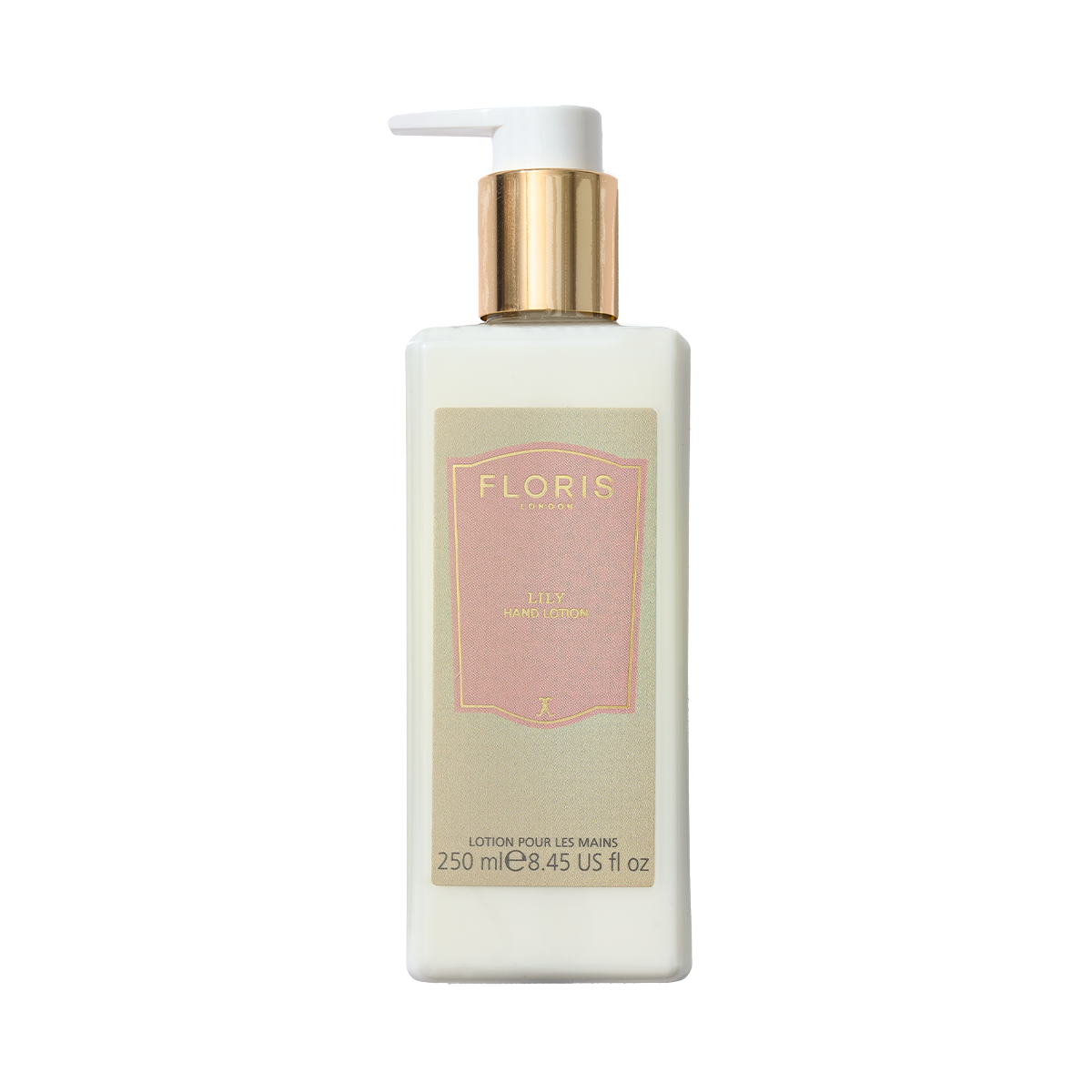 A rectangular bottle of Lily - Luxury Hand Lotion by Floris London EU with a gold cap and pink label—ideal for moisturizing and soothing dry skin.
