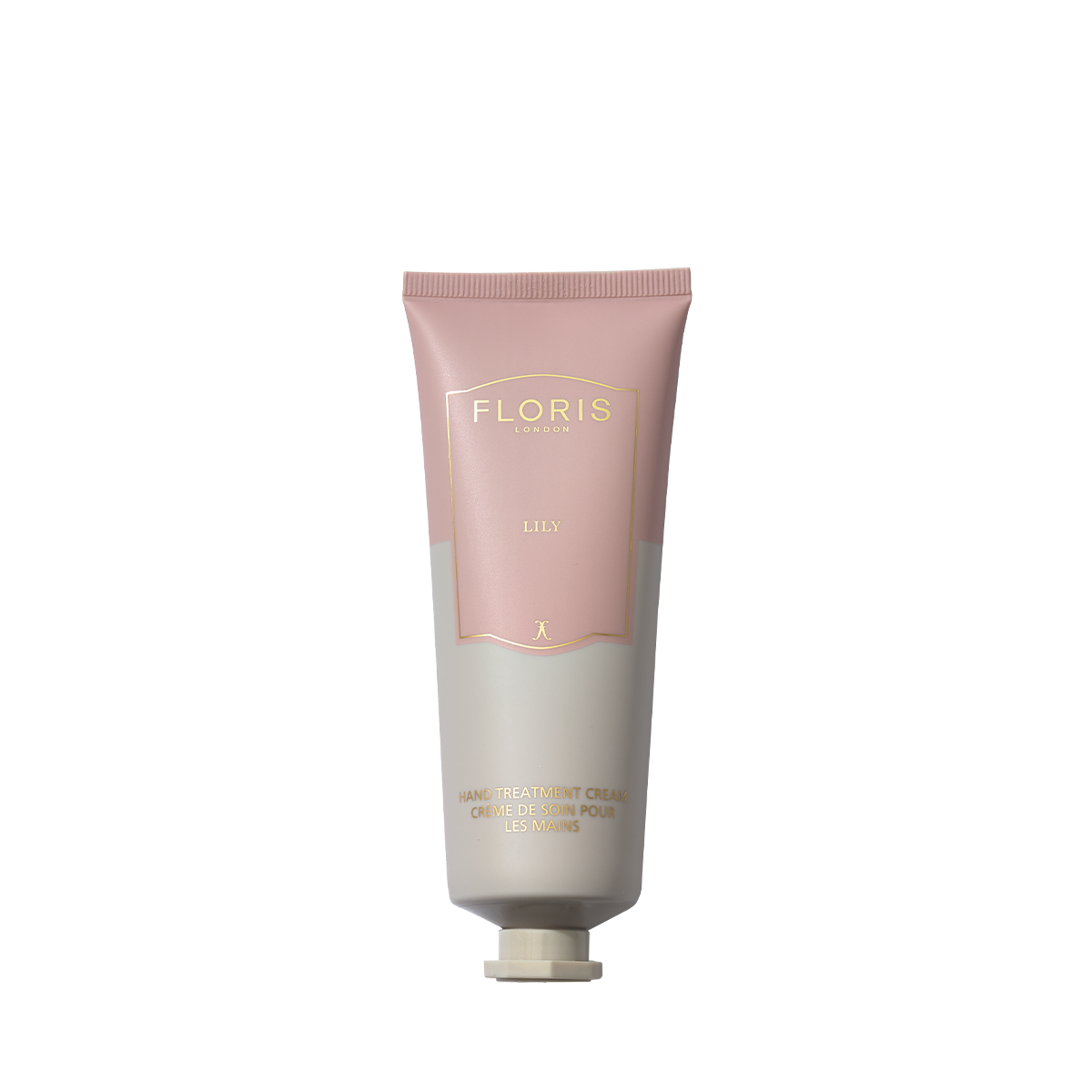 A tube of Floris London EU Lily - Hand Treatment Cream with a pink and gray design is displayed upright against a plain white background.