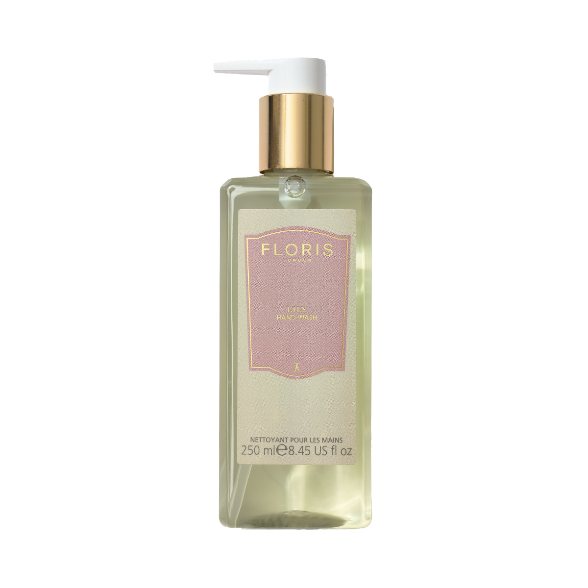 A 250ml rectangular Floris London EU Lily - Luxury Hand Wash with pump dispenser, pink label, and uplifting floral fragrance.