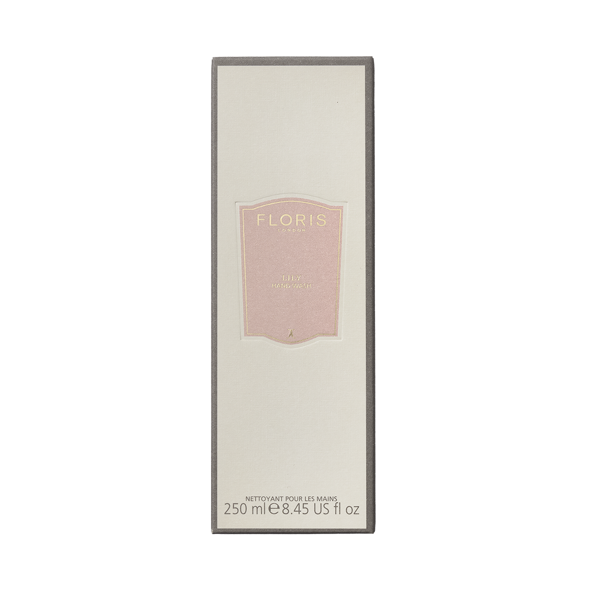 Cream-colored box labeled "Floris London," featuring a pink emblem and text indicating "Lily - Luxury Hand Wash 250ml.