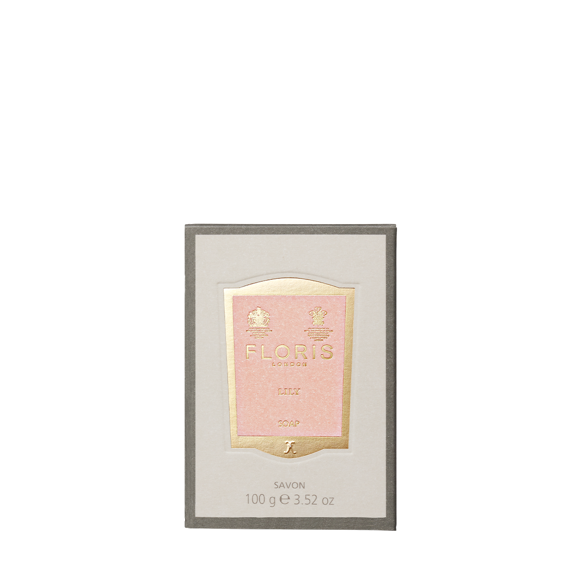 Floris London EU Lily - Luxury Soap, 100g, features a floral green scent, rich shea butter, and comes in a pink and gold rectangular box.