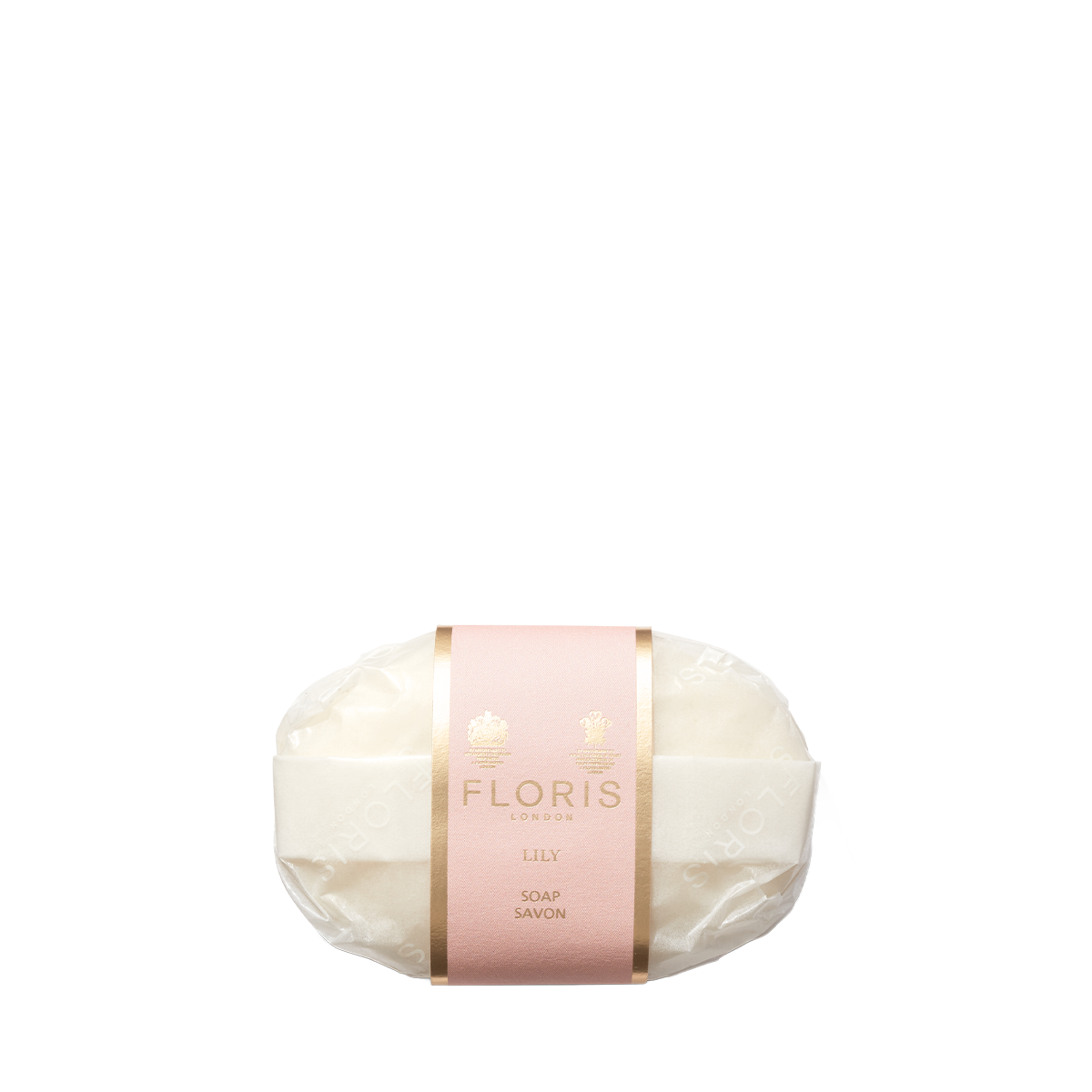 A Floris London EU Lily - Luxury Soap bar with shea butter and a floral green scent, pink-gold label, shown on a plain white background.