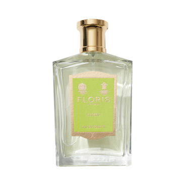 A clear glass bottle of Floris London Limes - Eau de Toilette with a gold cap and label is displayed on a white background.