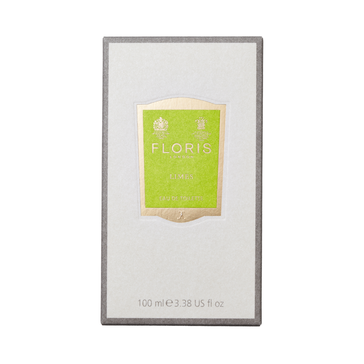 A rectangular box of Floris London Limes - Eau de Toilette, a unisex citrus perfume, 100ml, with a green and gold label on a white background.