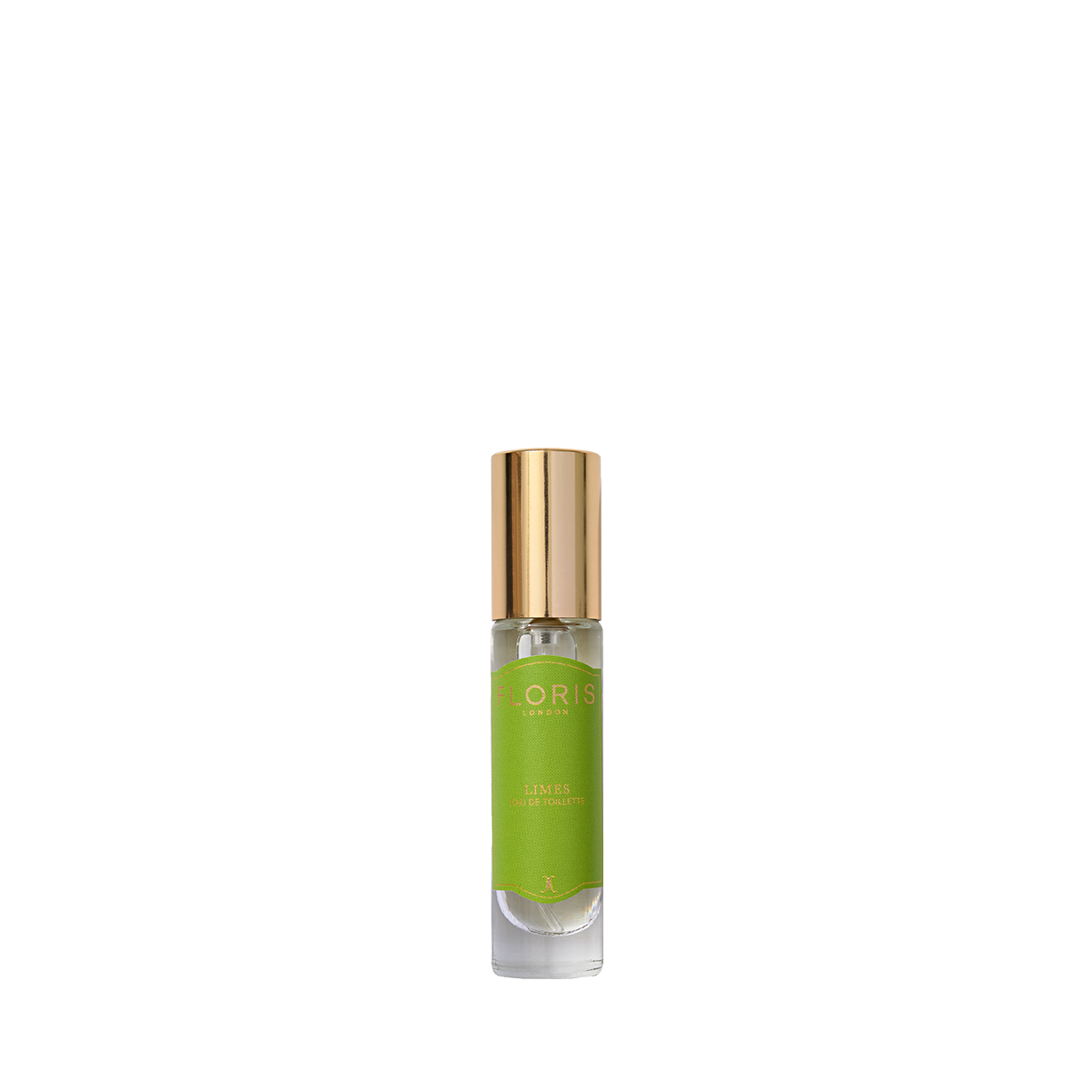 A small glass unisex perfume bottle with a green label and gold cap, labeled "Floris London Limes - Eau de Toilette." Set against a white background.