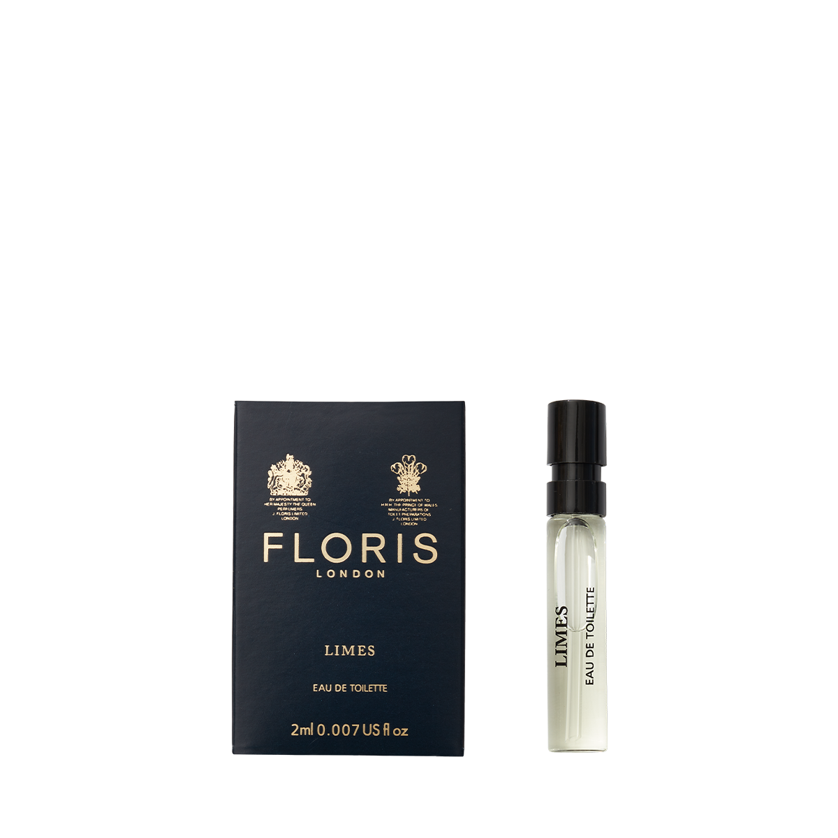 Floris London Limes - Eau de Toilette 2ml spray sample in a navy blue box with gold crests on a white background.