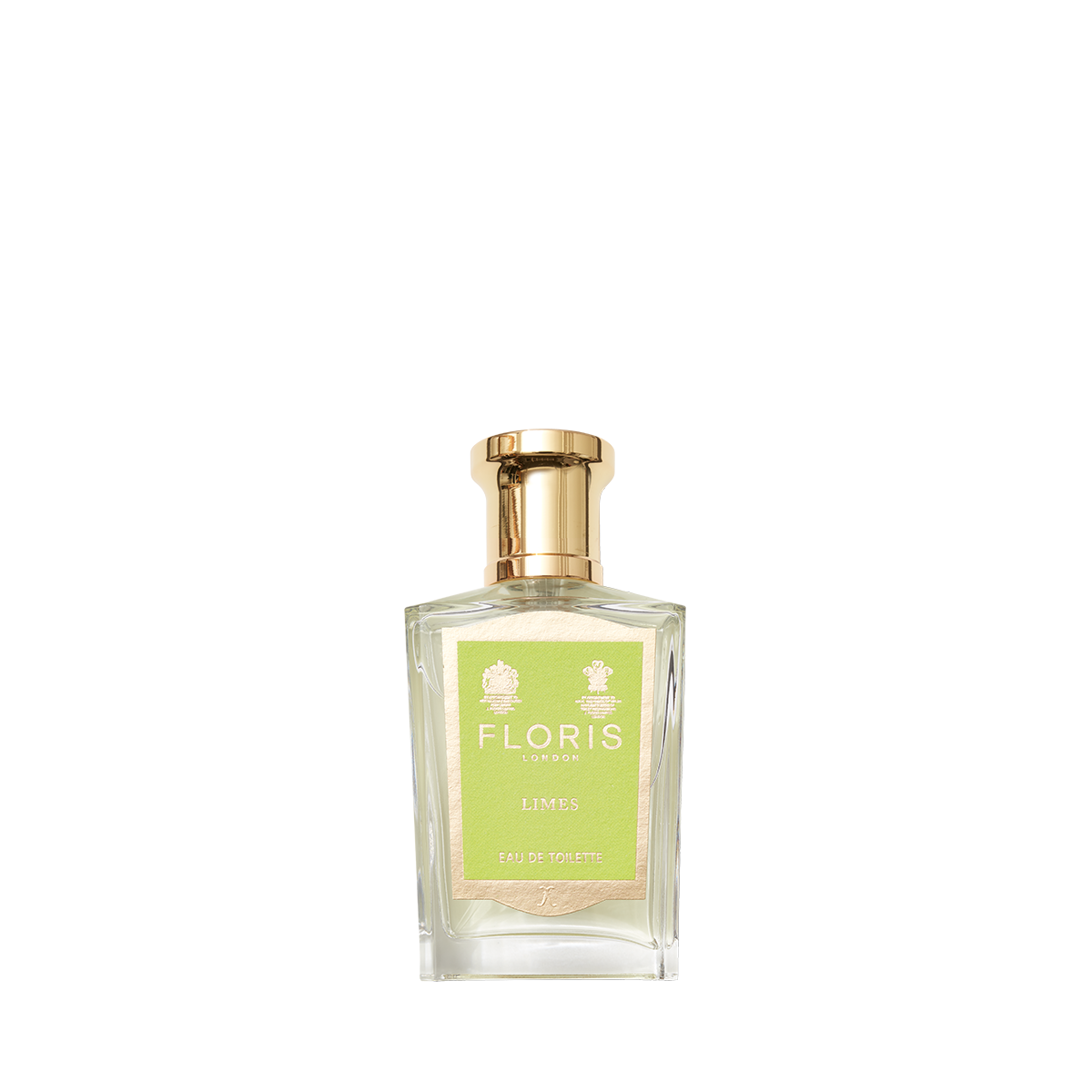 A clear glass bottle of Floris London Limes - Eau de Toilette, a unisex citrus scent with a musk base, displayed against a plain white background.