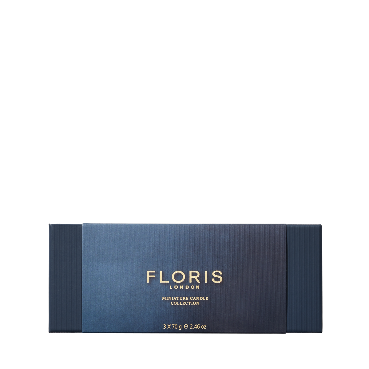 A rectangular blue Floris London EU box with gold text holds three 70g Miniature Candle Collection candles, elegantly displayed on a white background.