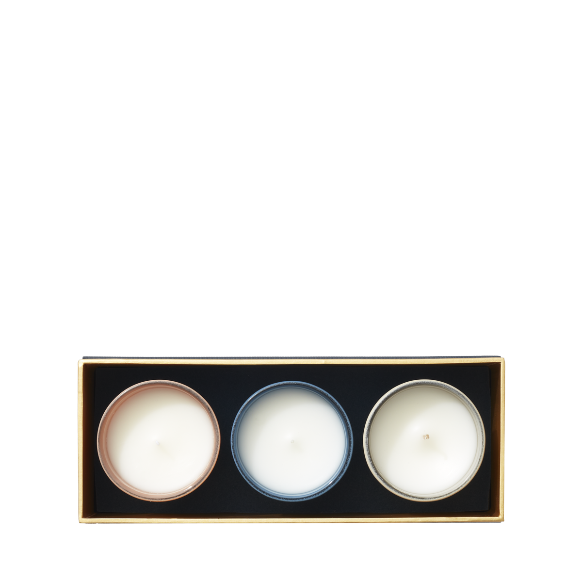 The Floris London EU Miniature Candle Collection features three round candles—pink, blue, and white—in a rectangular box against a plain background.