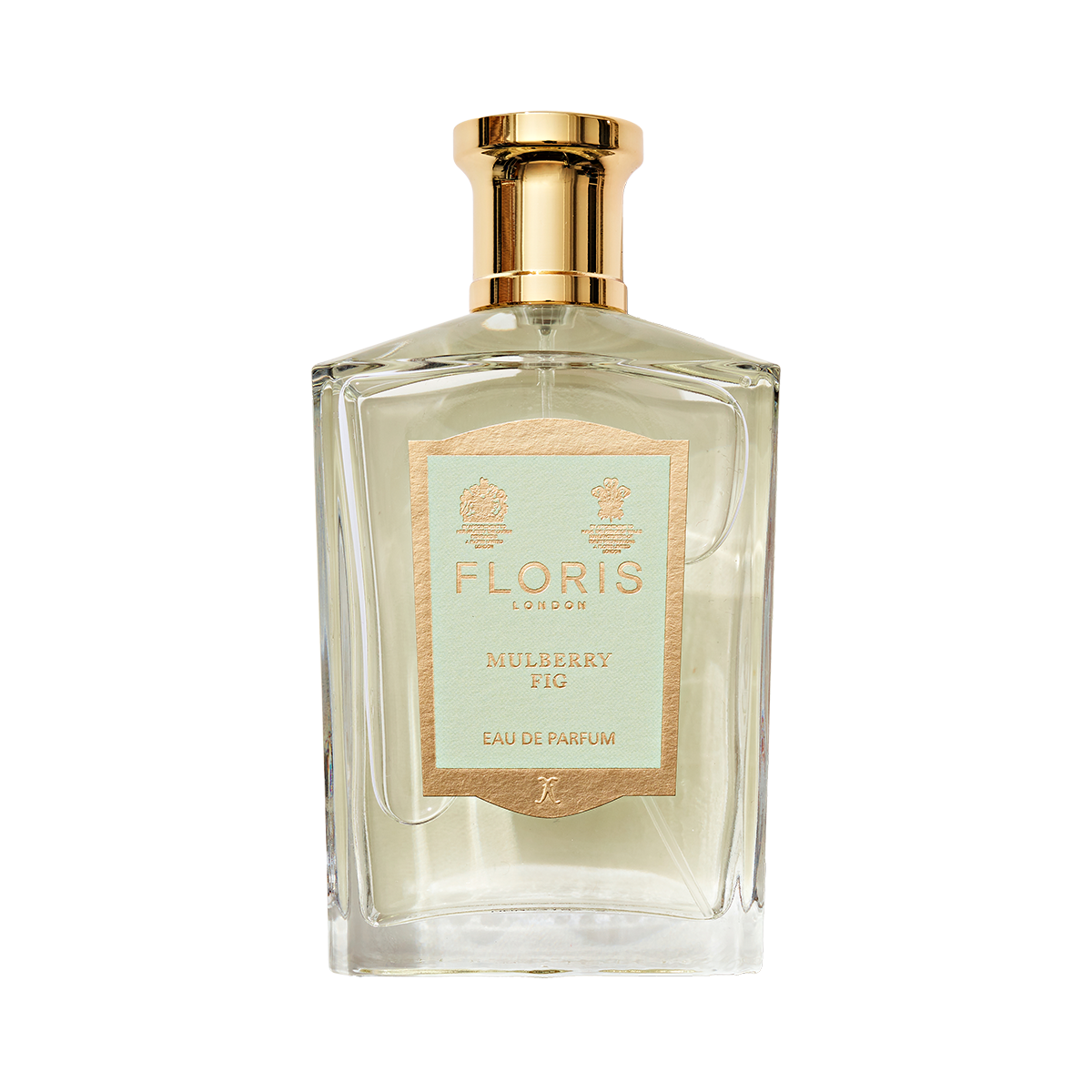 Floris London Mulberry Fig Eau de Parfum: a rectangular glass bottle with gold cap, beige label, and a woody fig scent.