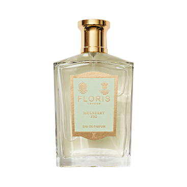 Floris London Mulberry Fig Eau de Parfum: a rectangular glass bottle with gold cap, beige label, and a woody fig scent.