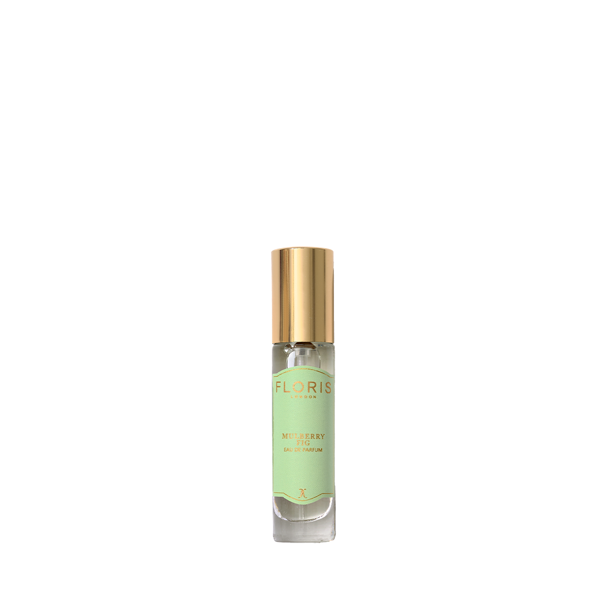 A small glass bottle of Floris London Mulberry Fig Eau de Parfum with a gold cap and light green label, shown against a plain white background.