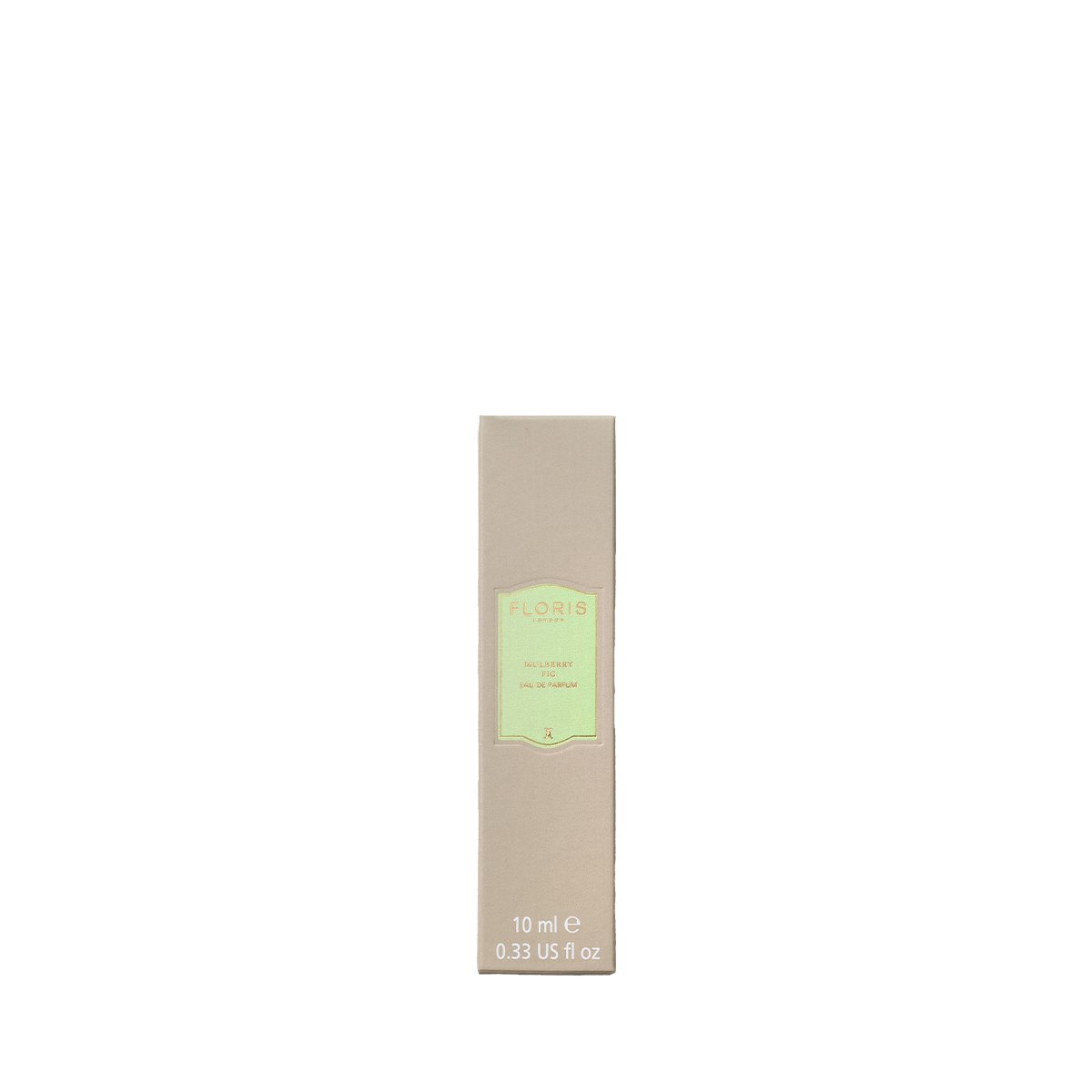 A beige box of Floris London "Mulberry Fig Eau de Parfum," 10 ml, with a woody scent, displayed on a plain white background.
