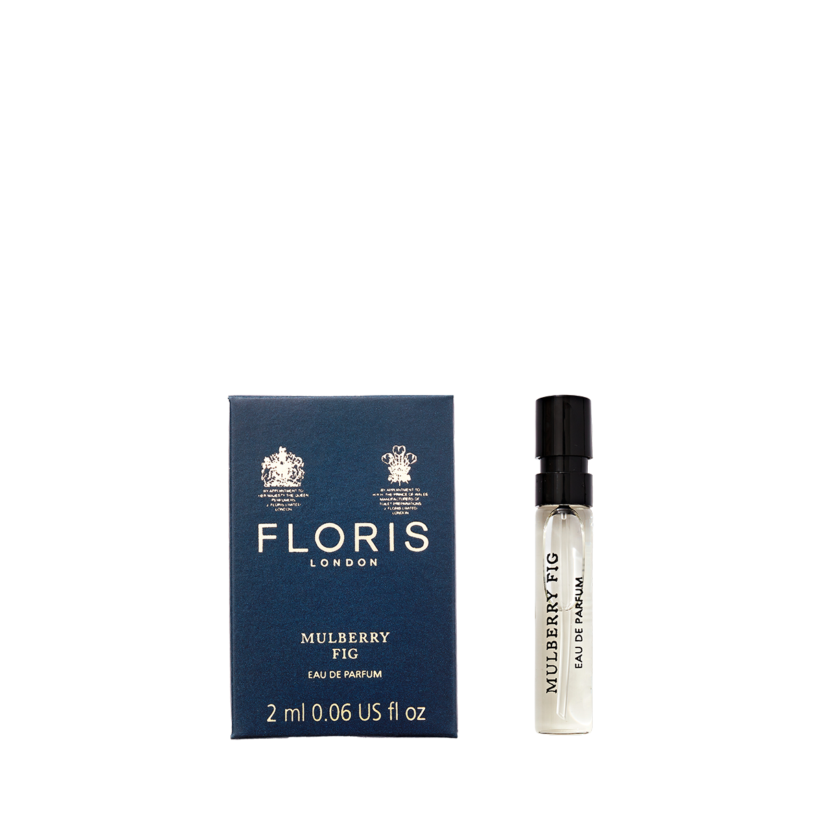 A small blue Floris London Mulberry Fig-Eau de Parfum box sits next to a 2 ml sample, featuring a floral amber and woody scent.