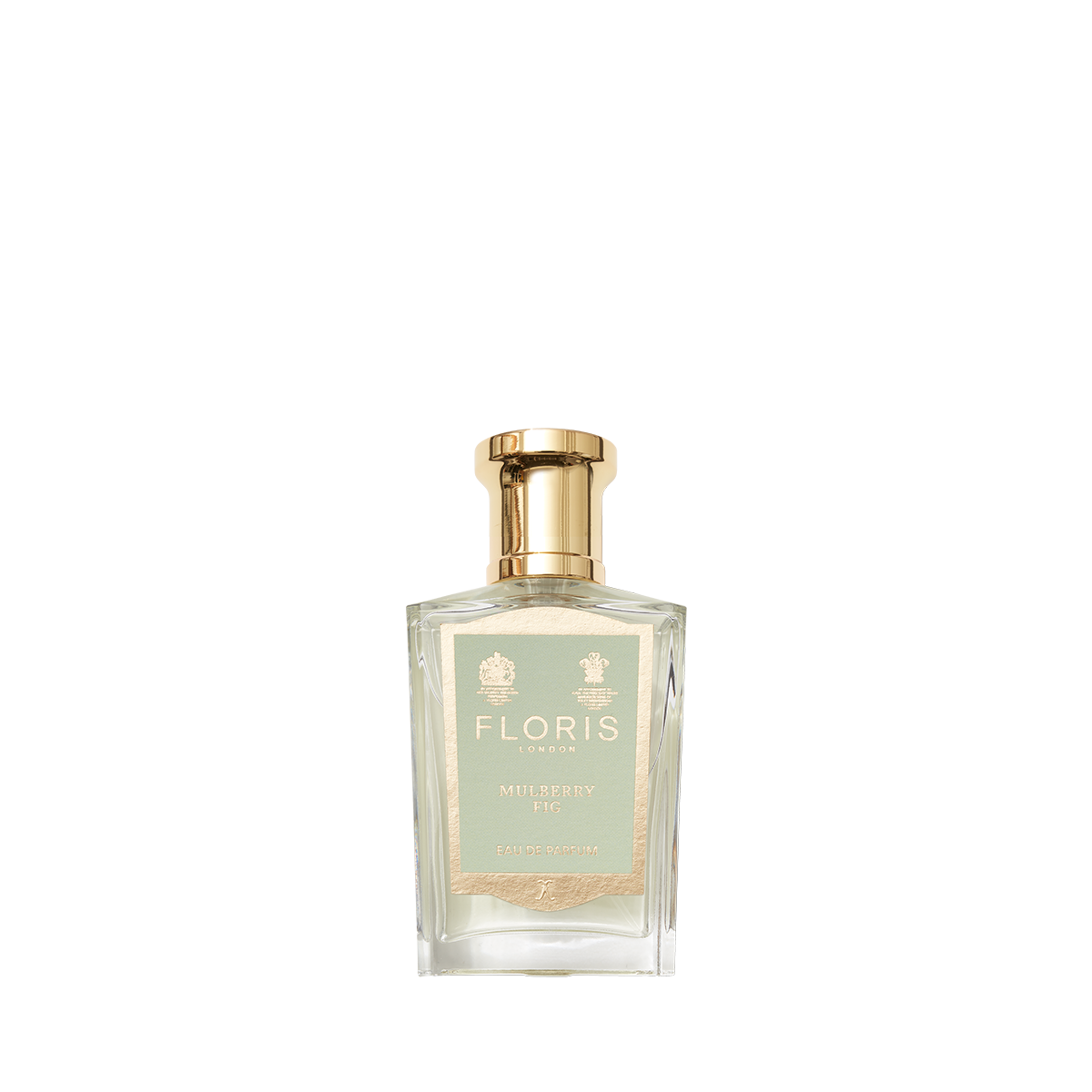 A clear glass bottle of Floris London Mulberry Fig Eau de Parfum features a gold cap and pale green label, displayed on a white background.