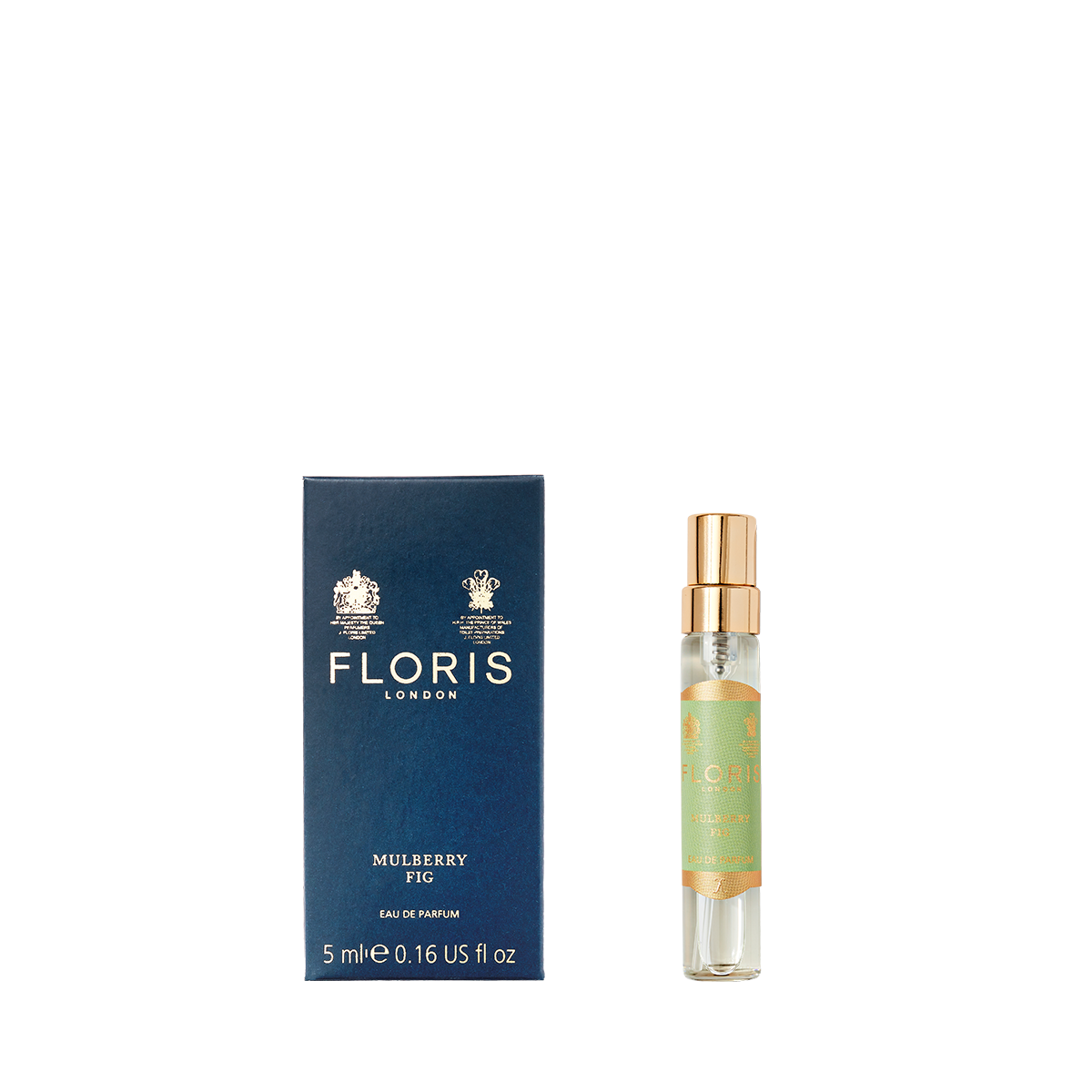 A 5ml bottle of Floris London Mulberry Fig Eau de Parfum stands next to its blue box on a plain white background.