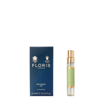 A 5ml bottle of Floris London Mulberry Fig Eau de Parfum stands next to its blue box on a plain white background.