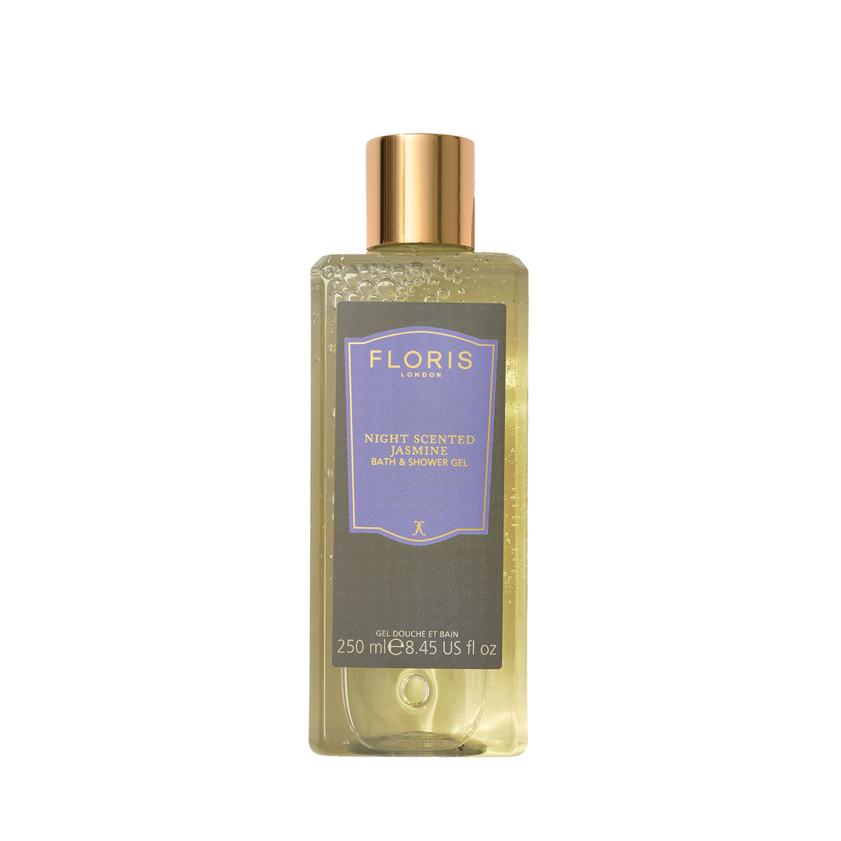 A clear 250ml Floris London Night Scented Jasmine Moisturising Bath & Shower Gel with a gold cap and purple label, featuring a floral scent.