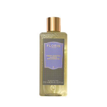 A clear 250ml Floris London Night Scented Jasmine Moisturising Bath & Shower Gel with a gold cap and purple label, featuring a floral scent.
