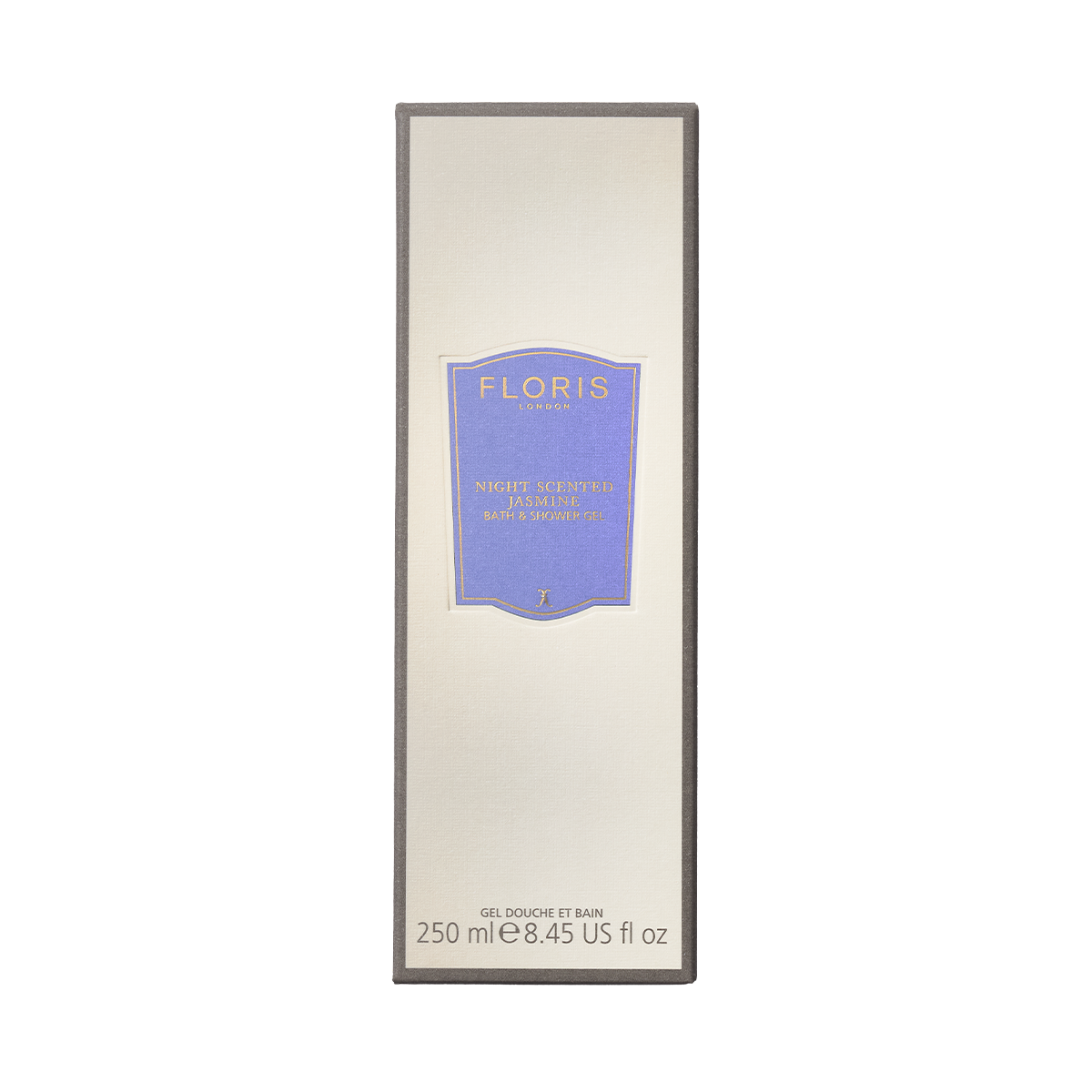 A rectangular Floris London box labeled "Night Scented Jasmine - Moisturising Bath & Shower Gel," a floral 250 ml cream and purple body wash.