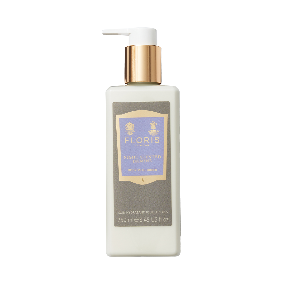 A 250ml rectangular bottle of Floris London Night Scented Jasmine - Enriched Body Moisturiser with pump, gold cap, and vitamin E.