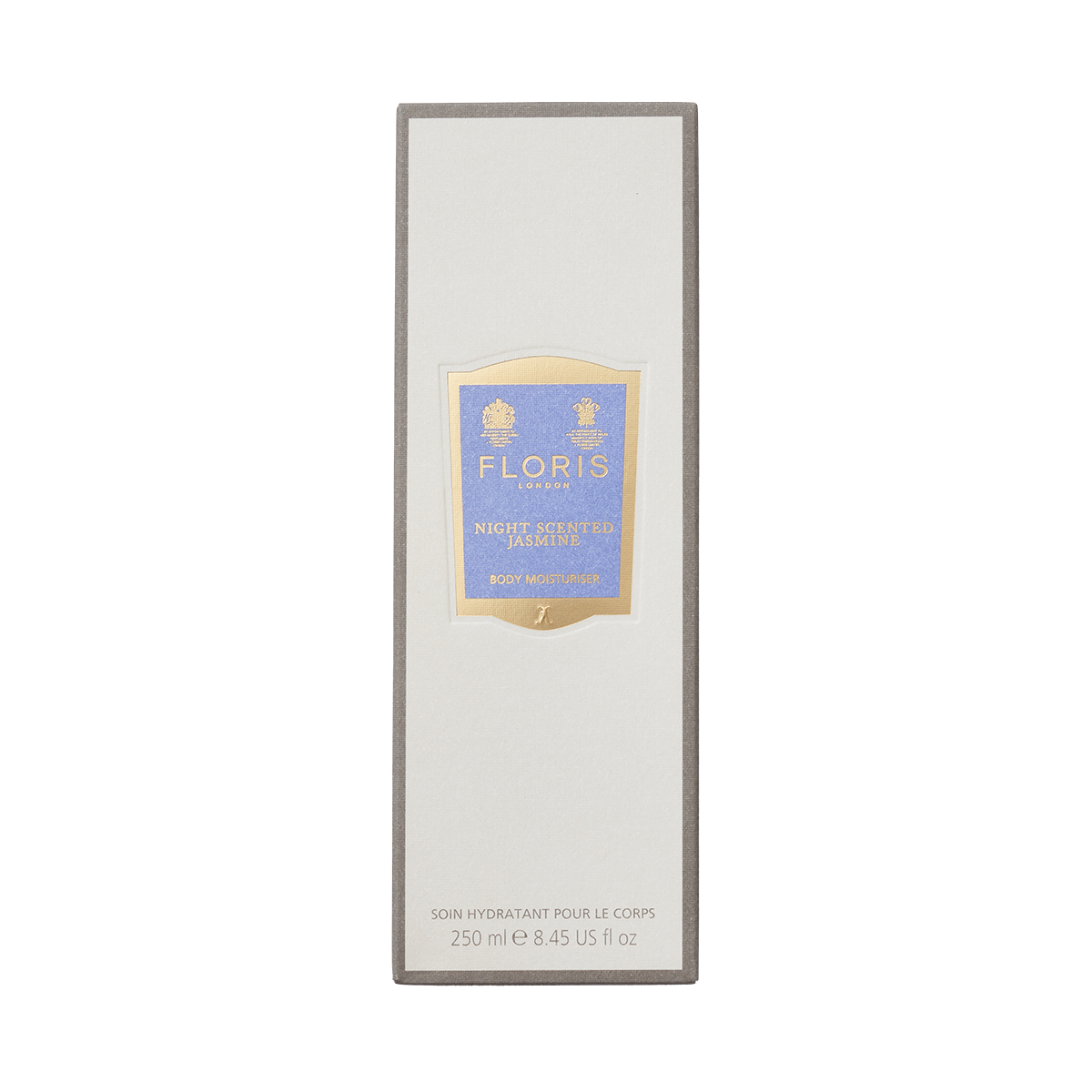 A 250ml rectangular box of Floris London Night Scented Jasmine Enriched Body Moisturiser, with a cream label featuring gold and purple accents.