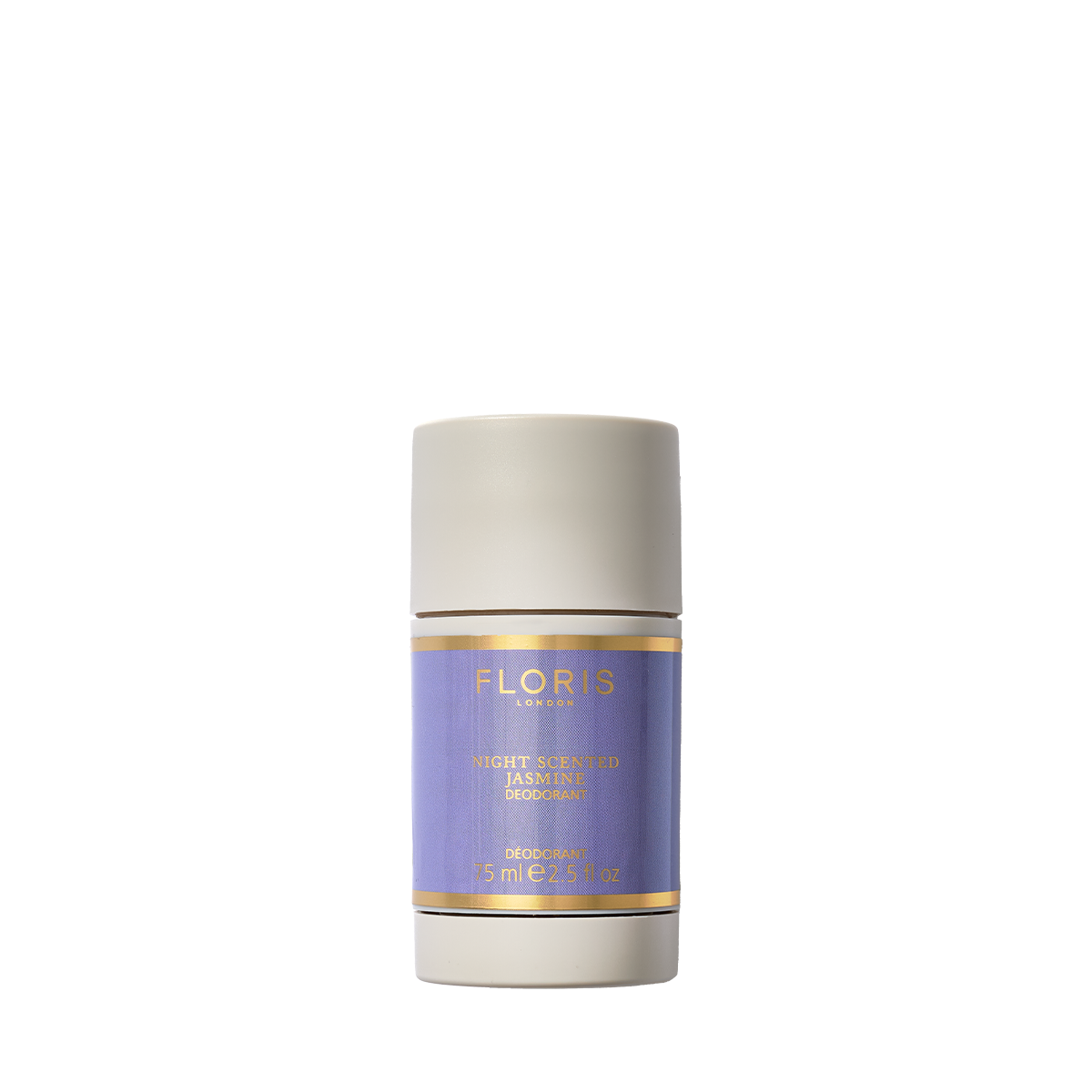 A 75ml cylindrical stick of Floris London EU Night Scented Jasmine Deodorant Stick, aluminium-free with a beige cap and purple-gold label.