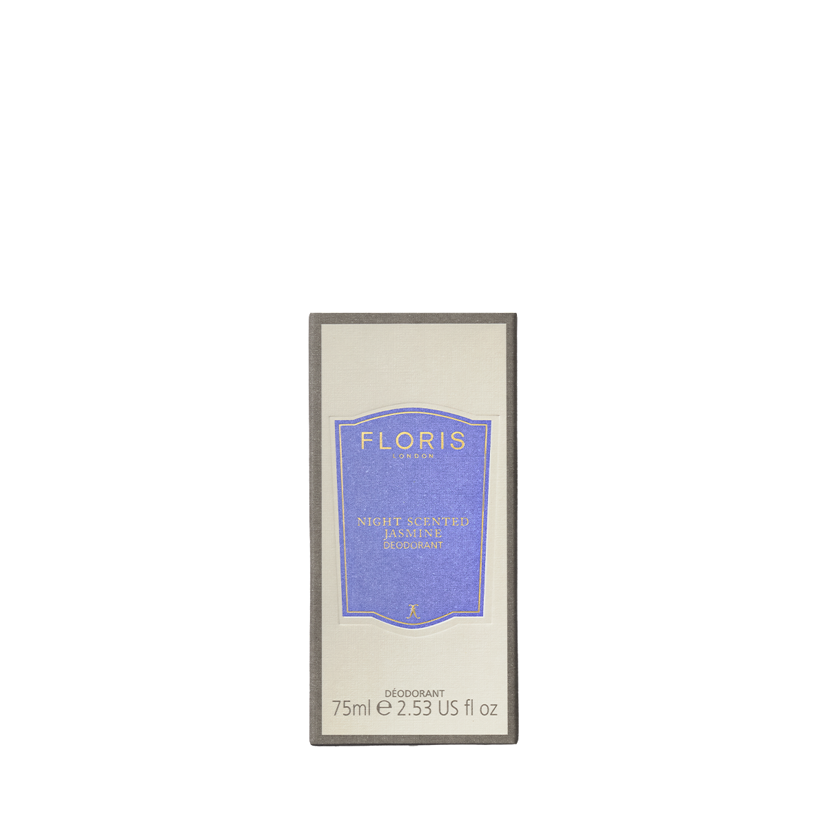 A rectangular box of Floris London EU Night Scented Jasmine Deodorant Stick, 75ml, aluminium-free and gentle for sensitive skin, with a purple label.