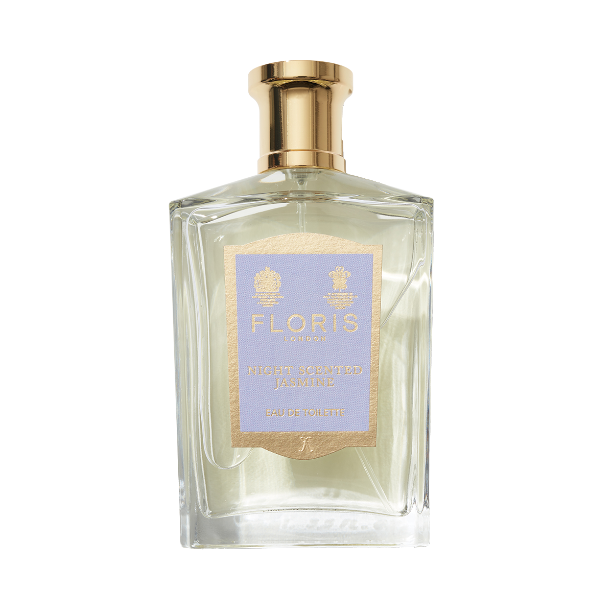 A clear glass bottle of Floris London Night Scented Jasmine Eau de Toilette features a gold cap and light purple and gold label, hinting at a seductive scent.