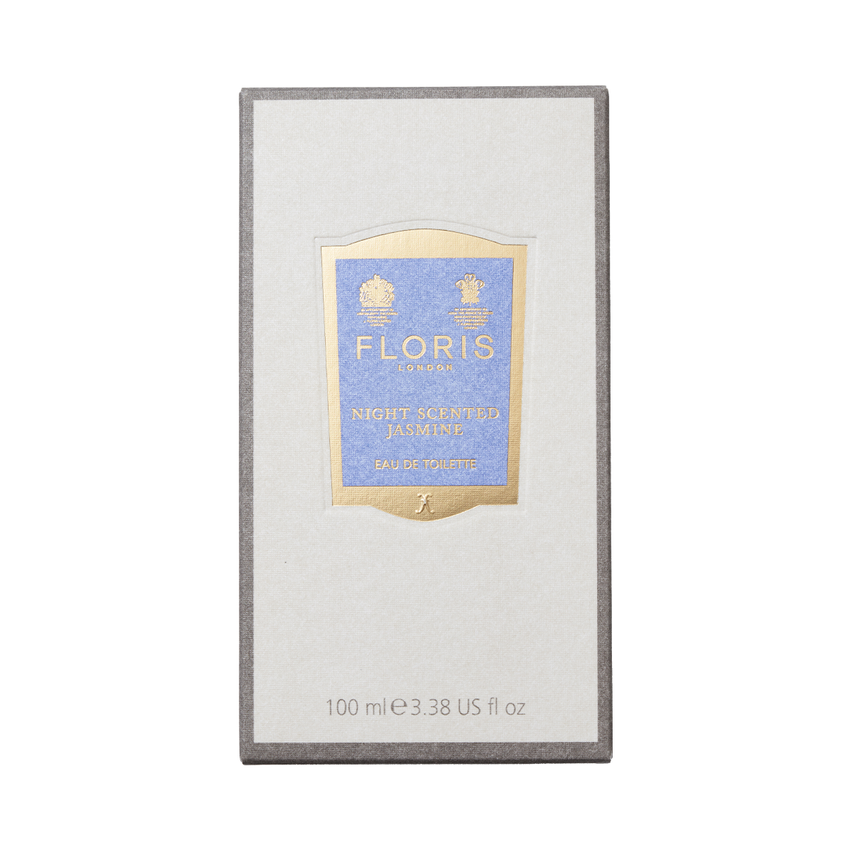 A rectangular box of Floris London Night Scented Jasmine Eau de Toilette, 100ml, with a gold and purple label and a seductive white jasmine scent.